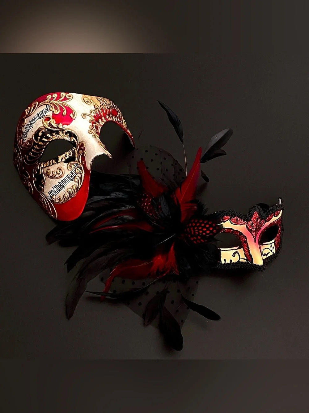 Red and Black Feathered Venetian Masquerade Mask